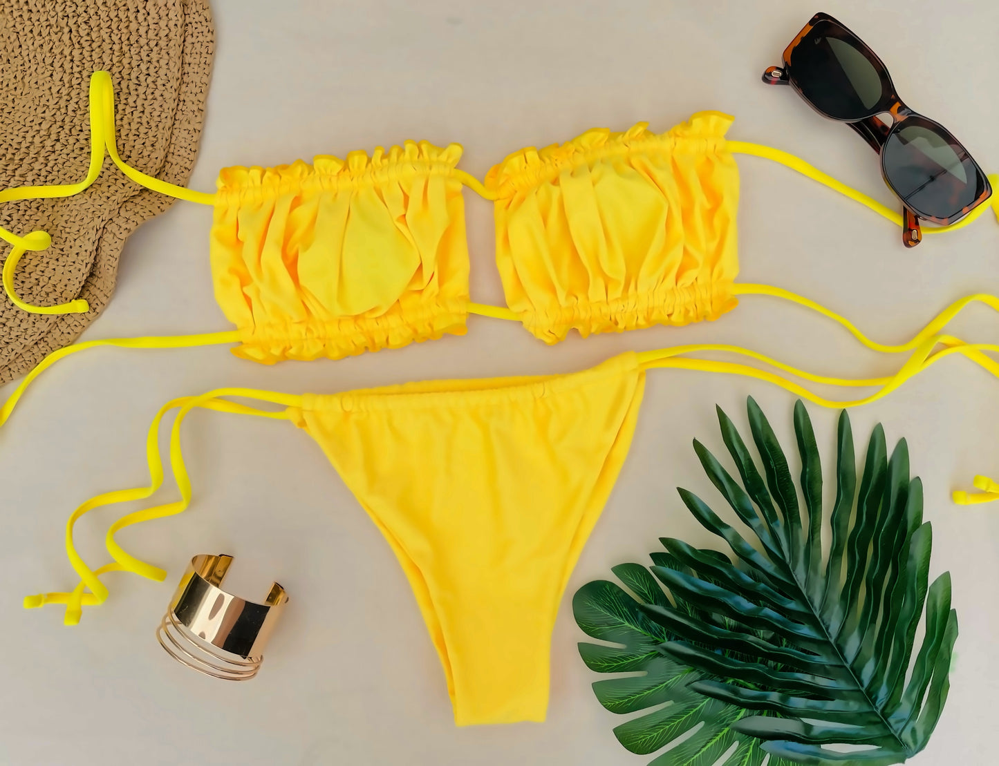Pure Elegance Yellow Ruched Bandeau Bikini Set