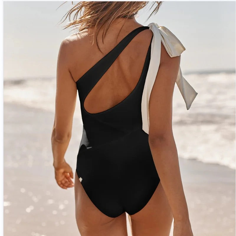 Classic Black Swimsuit With White Bow