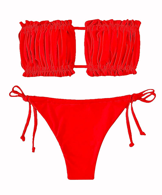 Pure Elegance Red Ruched Bandeau Bikini Set