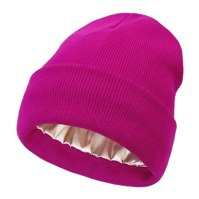 Magenta Satin Lined Beanie Winter Hat