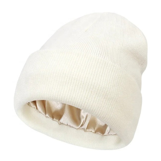 White Satin Lined Beanie Winter Hat
