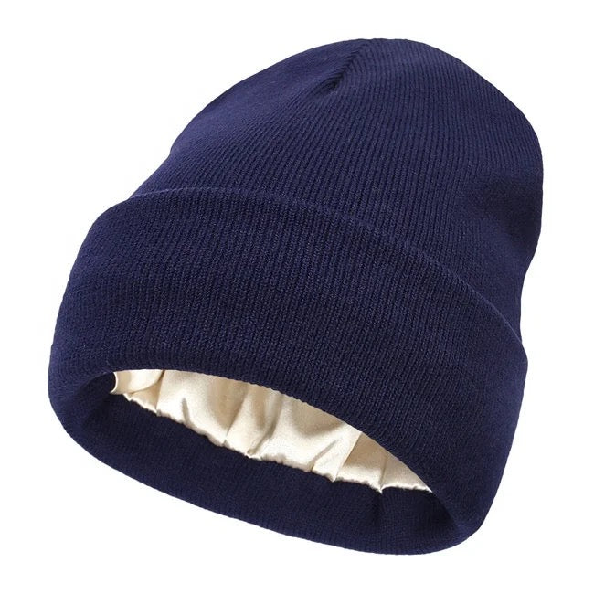 Blue Satin Lined Beanie Winter Hat