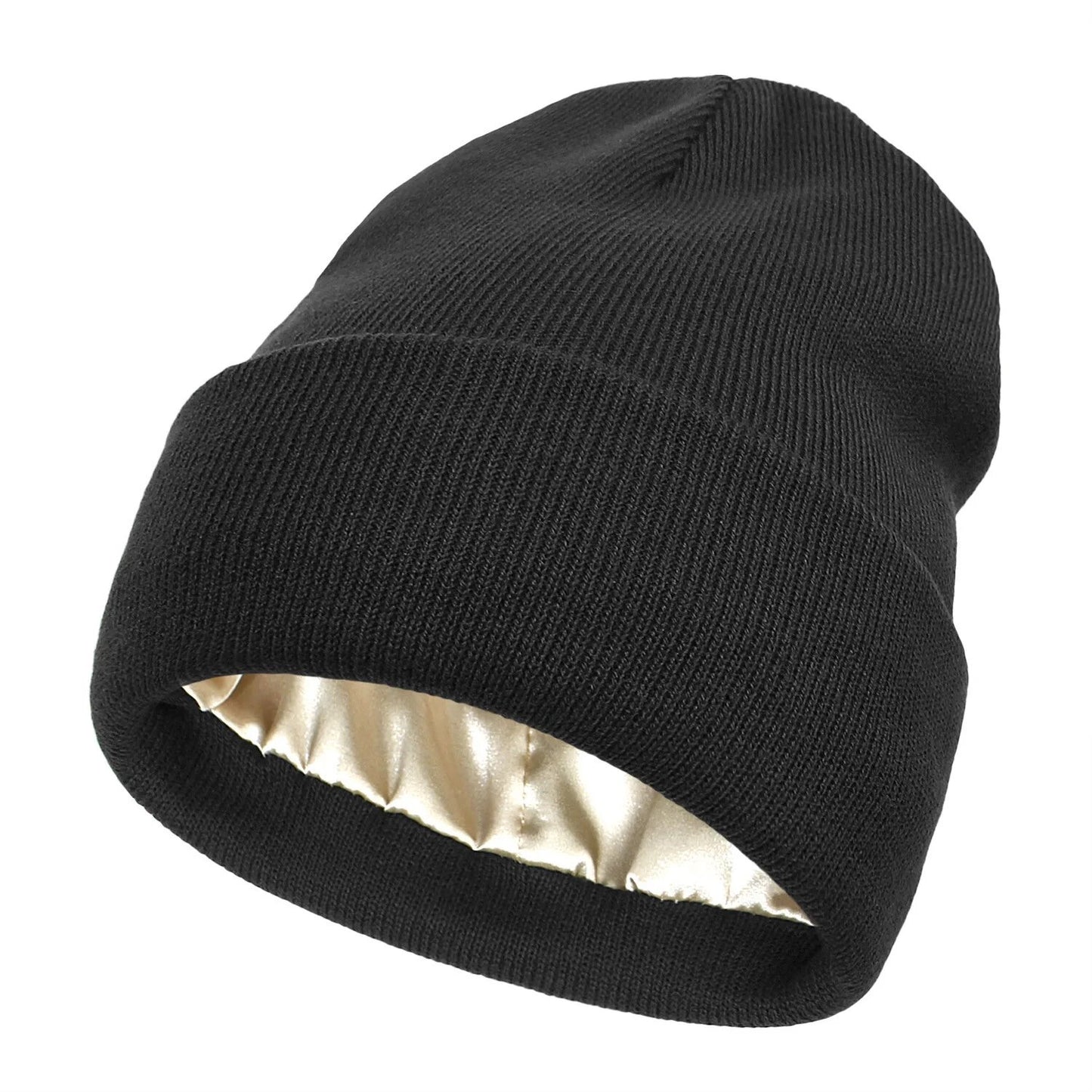 Black Satin Lined Beanie Winter Hat