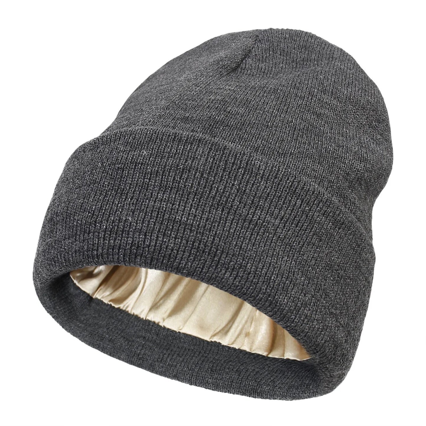Gray Satin Lined Beanie Winter Hat