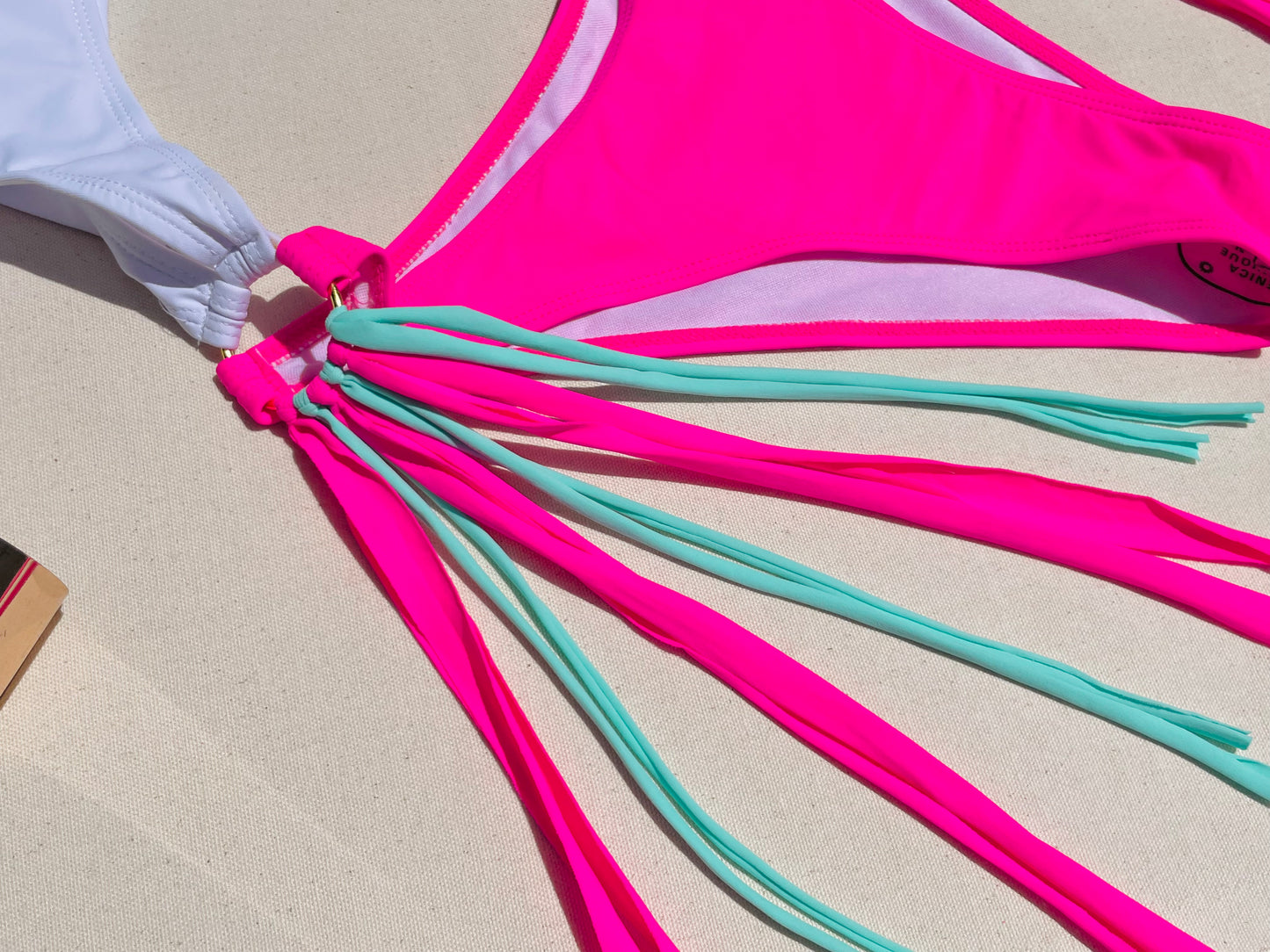 Pink And White Tulum Strings One Piece Swimsuit