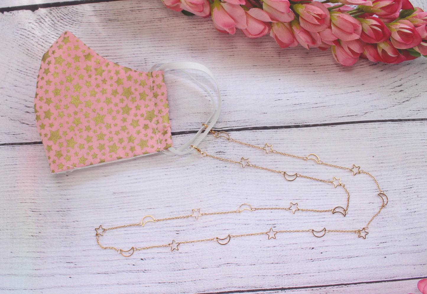 Face mask lanyard - The moon and the stars. Gold color