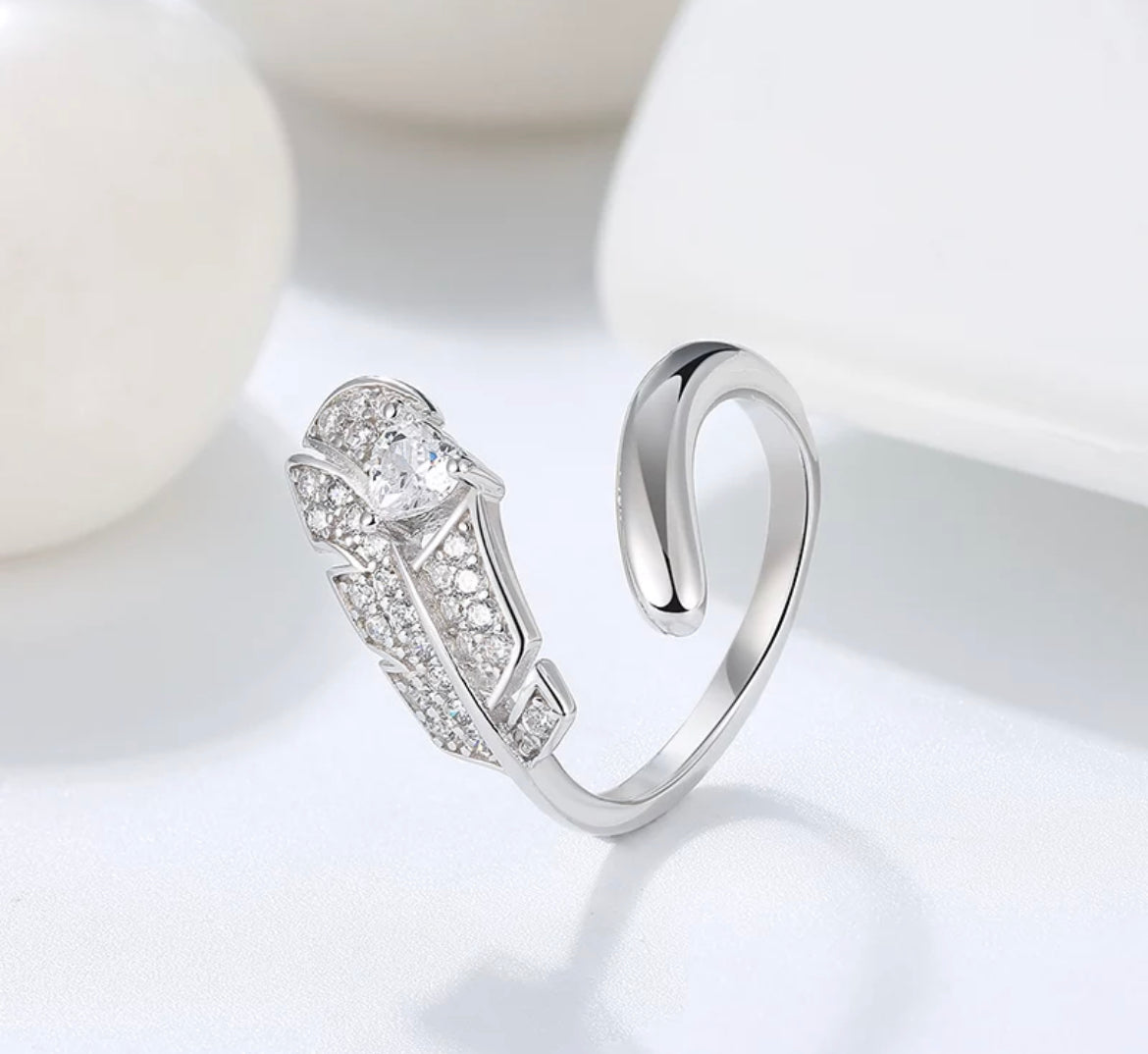Adjustable Feather Ring, Cubic Zircon Silver