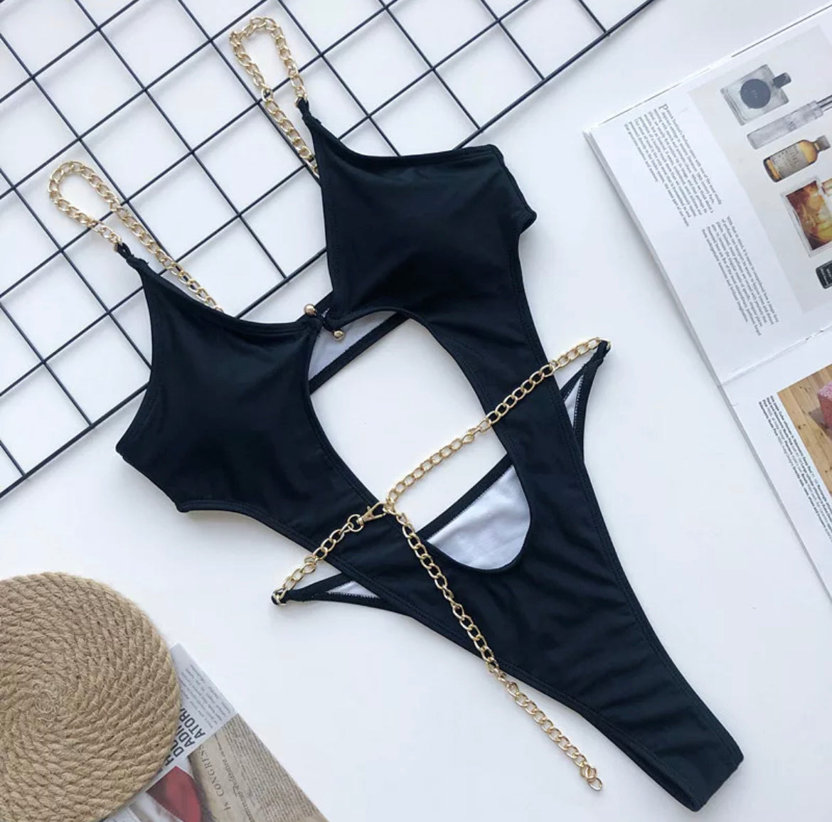 Black Bikini Swimsuit With Gold Chain Straps
