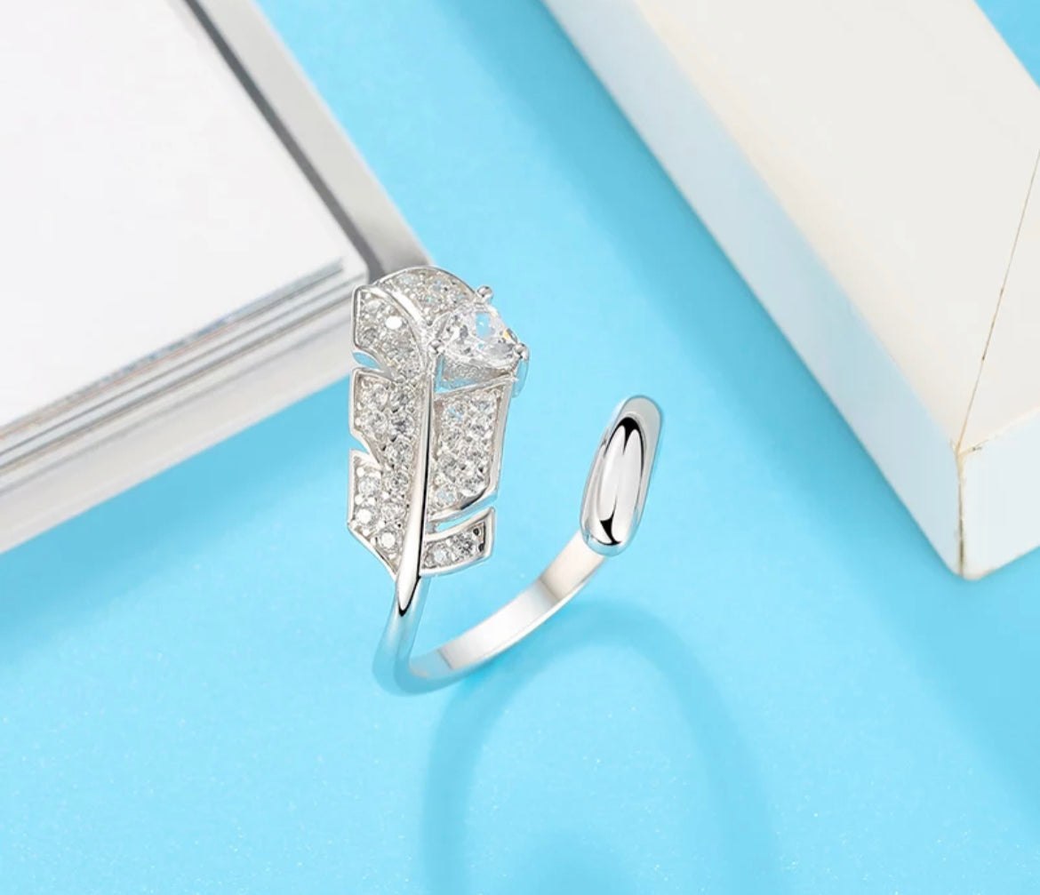 Adjustable Feather Ring, Cubic Zircon Silver