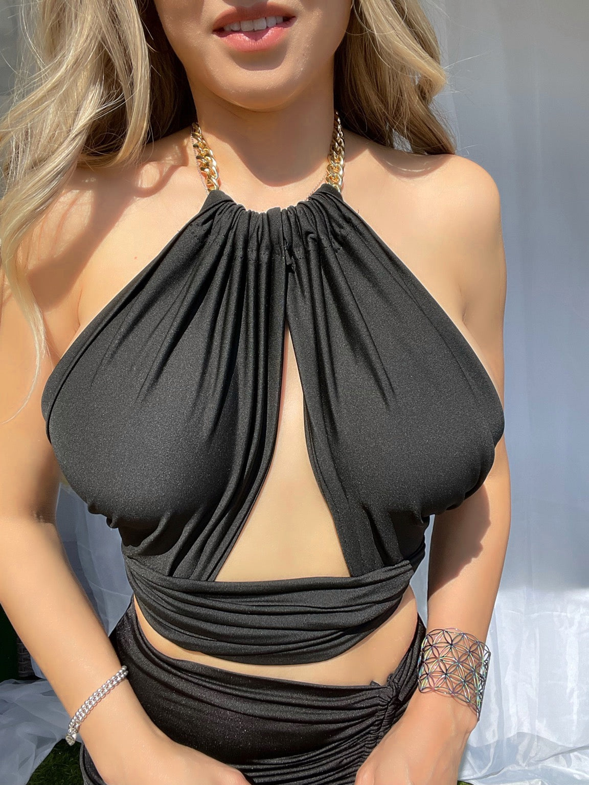 Black Halter Wrap Top With Gold Color Chain