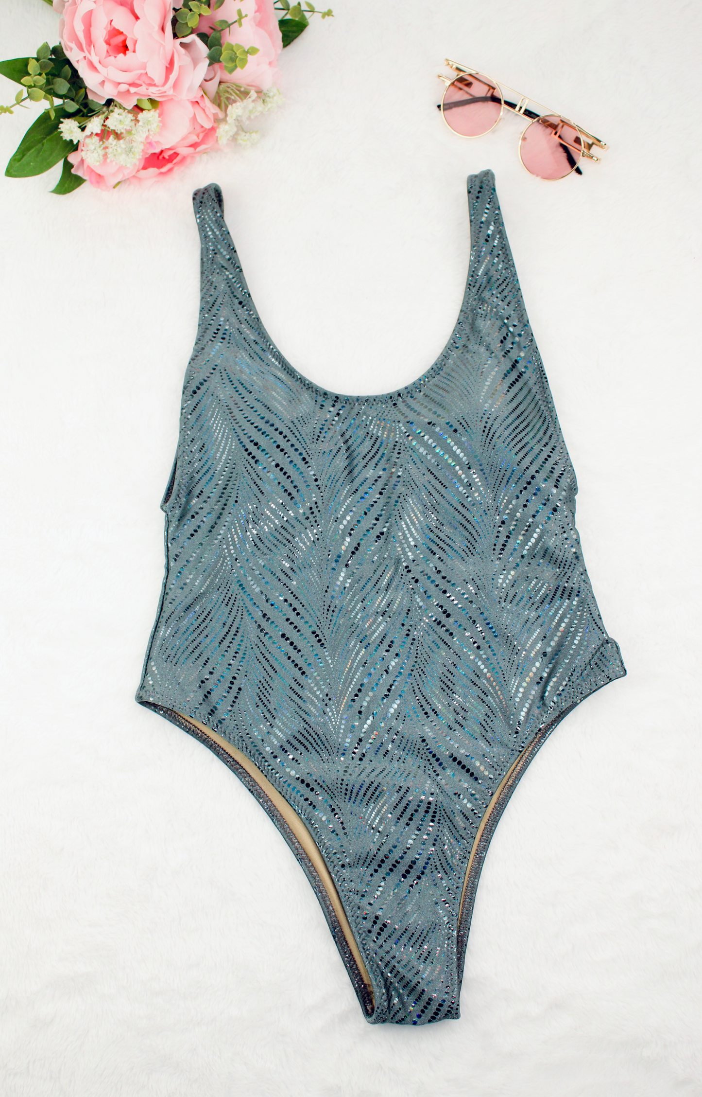 One Piece Swimsuit High - Color Gray Sparkling