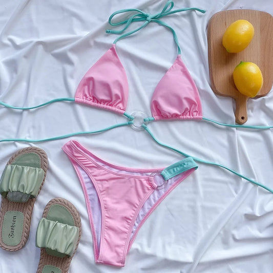 Pink And Aqua Colors Bikini Set